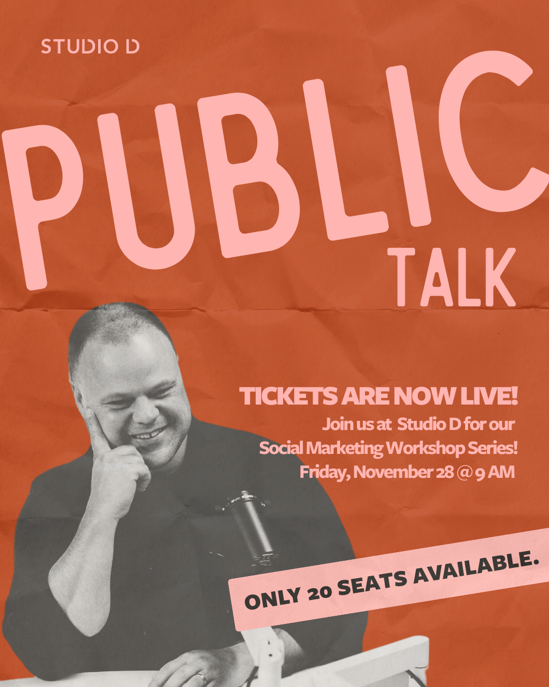 Public Talk poster: social that performs on LinkedIn, Friday November 28th at 9am